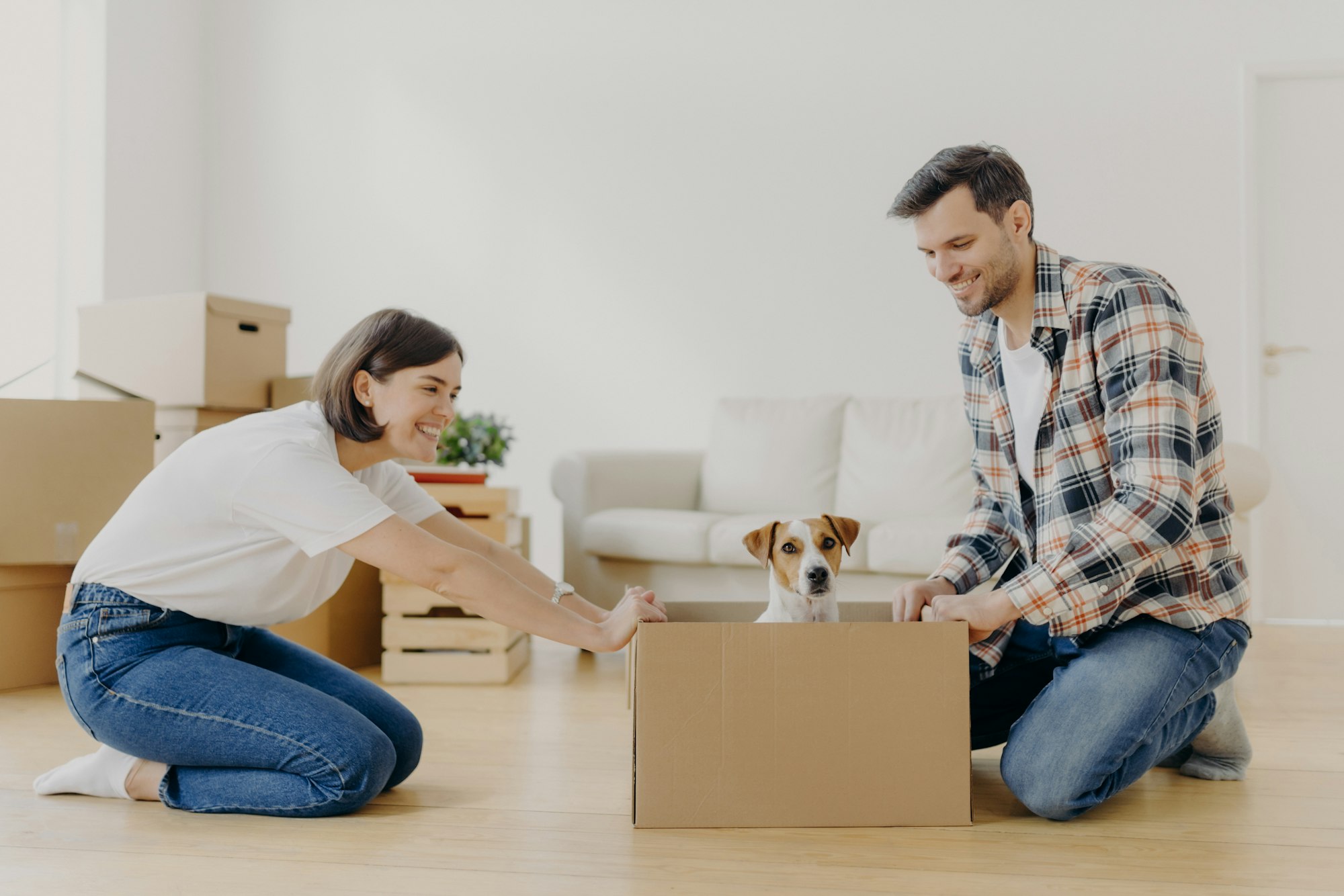 Famille qui transporte des boîtes de déménagement
