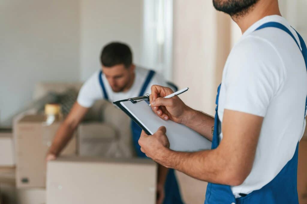 Two moving service employees in a room